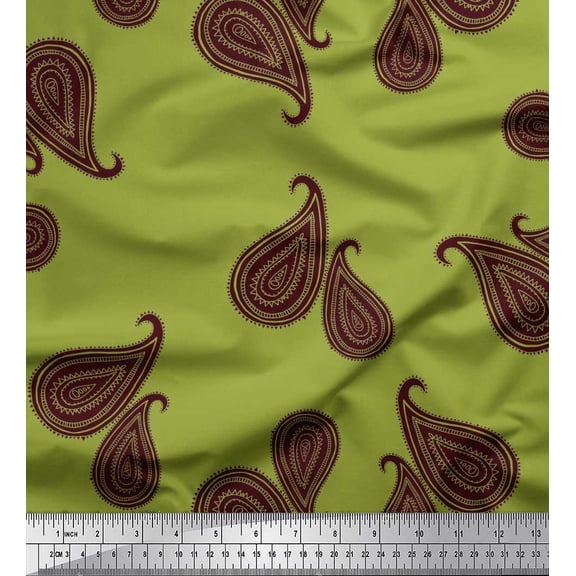 Soimoi Green Satin Silk Fabric Maroon Paisley Decor Fabric Printed Yard 42 Inch Wide