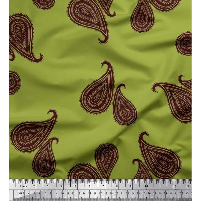 Soimoi Green Rayon Fabric Maroon Paisley Print Fabric by Yard 42 Inch Wide