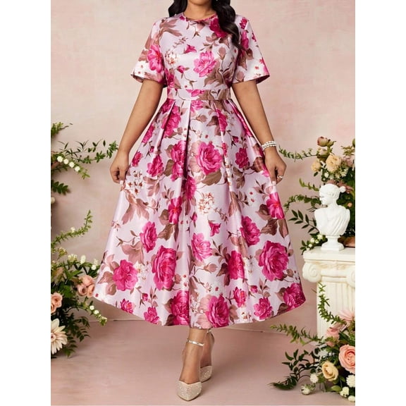 Plus Size Women Floral Print Round Neck Short Sleeve Pleated Elegant Dress for Wedding Guest Garden Party Kentucky Derby Spring Outfit