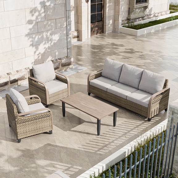 COOS BAY 4 Piece Brown Wicker Patio Sofa Set Outdoor Rattan Furniture Conversation Set 3-Seat Sofa, Dinning Chairs with Gray Cushions and Wood Grain Top Coffee Table