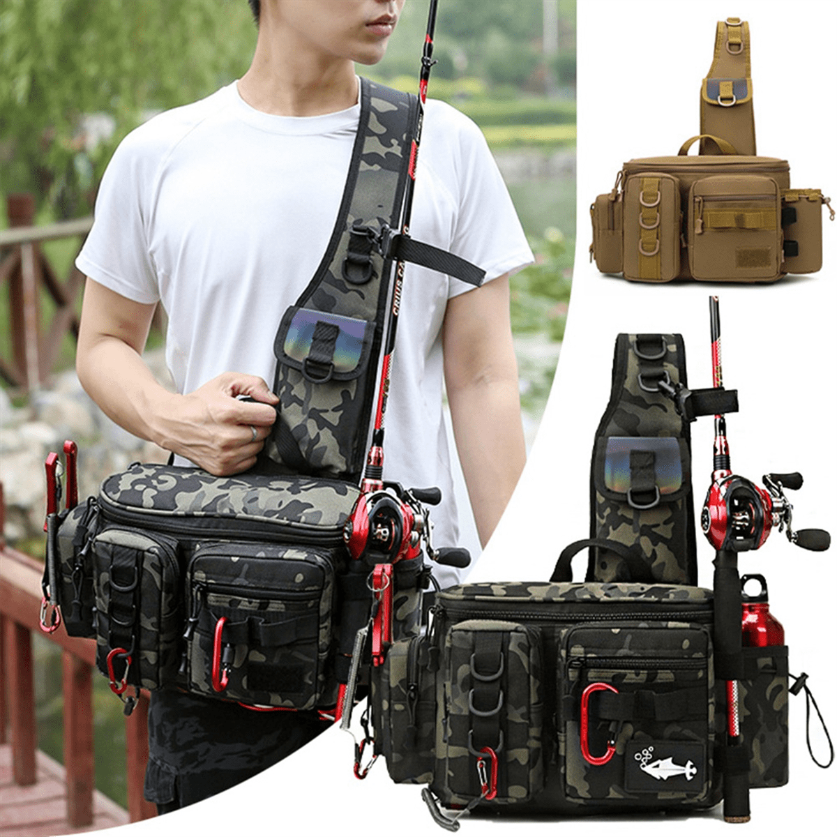 Fishing Tackle Backpack Lure Box Gear Storage Bag Fanny Pack Fly Fishing Backpack with Rod Holder Sling Shoulder Bag-B