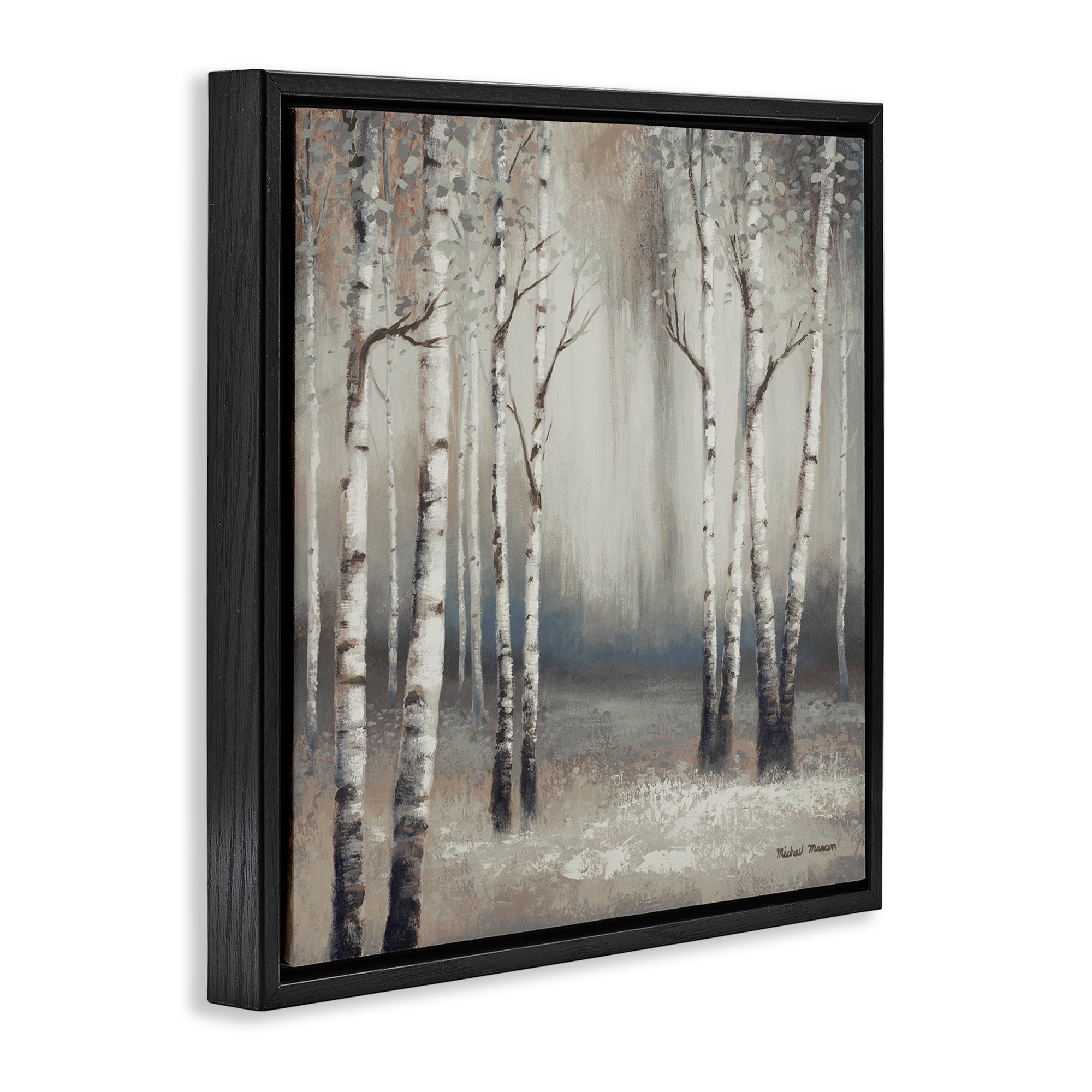 Misty Birch Tree Forest Landscape Black Floating Frame Canvas Art, 18 x 18