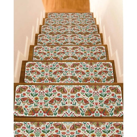 Moths Stair Treads Abstract Retro Red Green Flowers Moth Berry Leaf Beige Indoor Non Slip Peel and Stick Stair Treads for Wooden Steps 15 PCS, Soft Adhesive Staircase Mats Runner Rugs 8"x30"