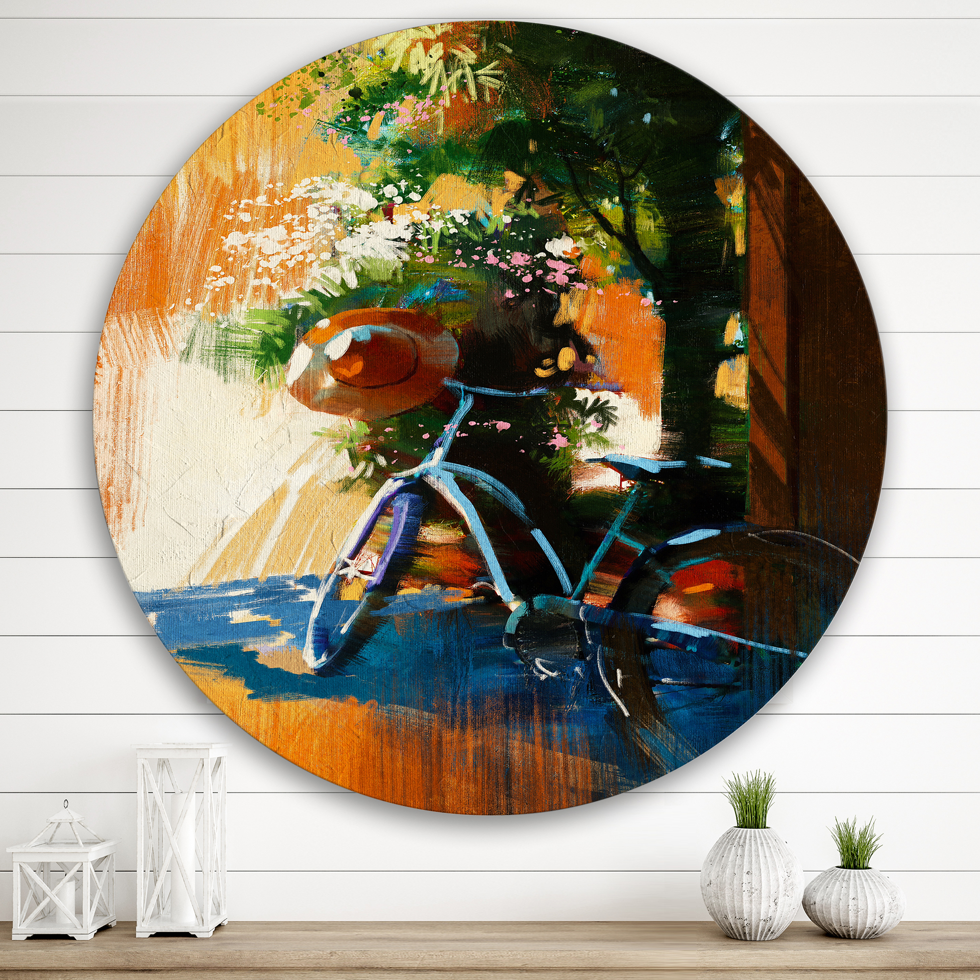 Designart 'Ancient Bicycle and Old Hat On Summer Day' Vintage Circle Metal Wall Art 29x29 - Disc of 29