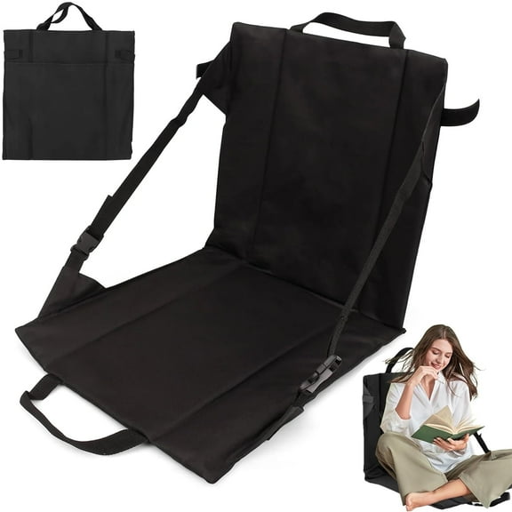OhhGo Portable Stadium Seat Cushion with Backrest, Folding Bleacher Seats Cushion Indoor & Outdoor Folding Chair Cushion with Back Support for Adults Sports Outing, Camping Travelling (Black)