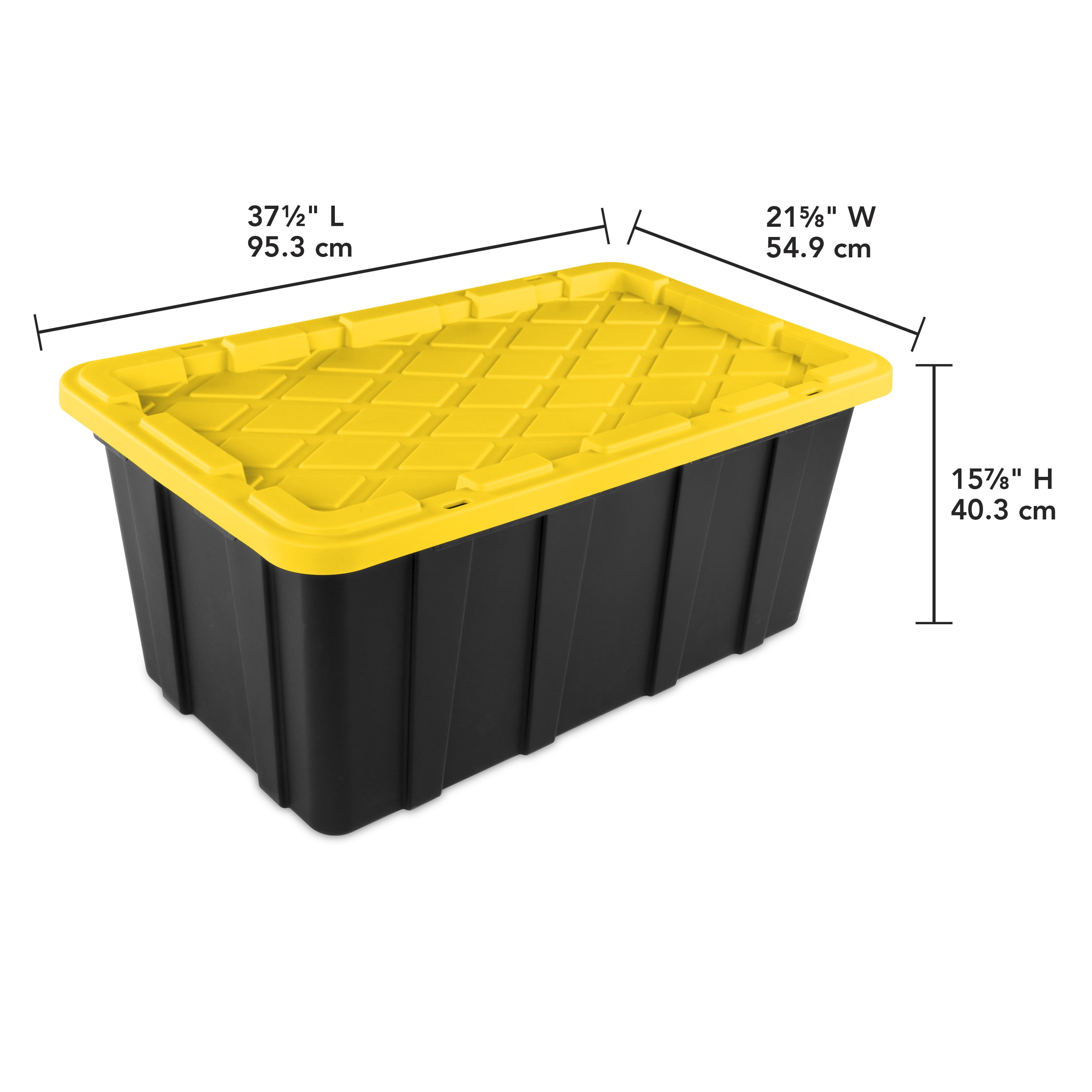 Sterilite 38 Gallon Industrial Tote, Rugged Plastic Storage Bin, Snap-on Lid, Yellow/Black, 4 pack