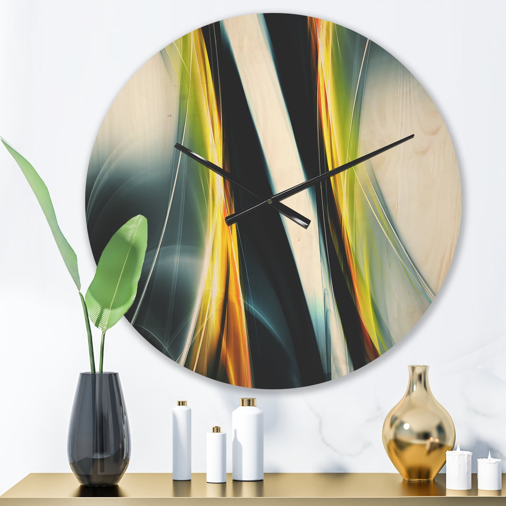 Designart 'Yellow White Fractal Lines' Modern Wood Wall Clock