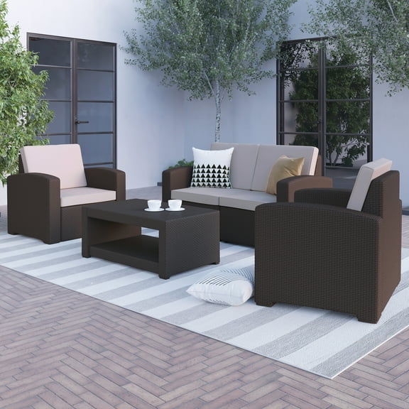BizChair 4 Piece Outdoor Faux Rattan Chair, Loveseat and Table Set in Chocolate Brown