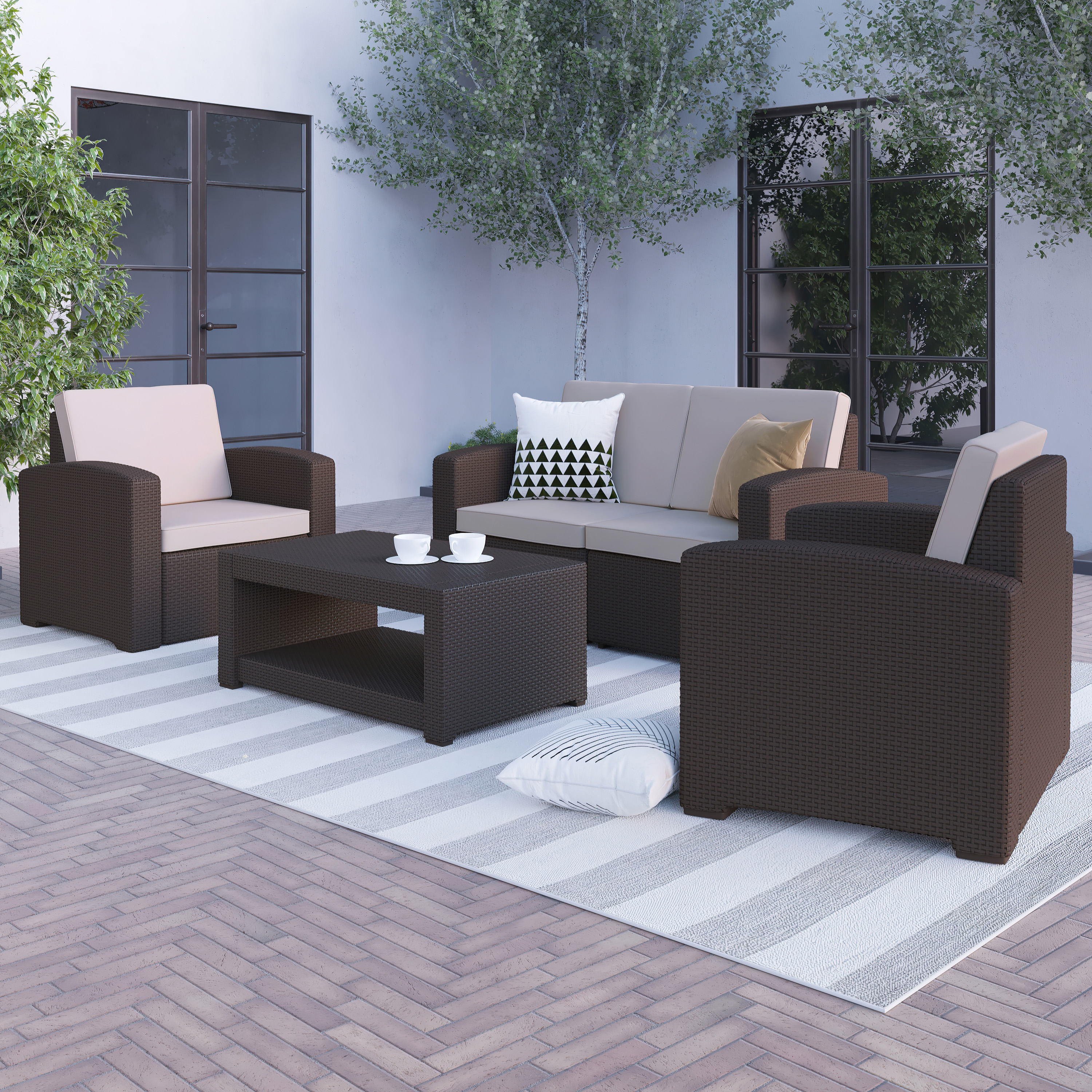 Flash Furniture Seneca 4 Piece Outdoor Faux Rattan Chair, Loveseat and Table Set in Seneca Chocolate Brown - image 4 of 5