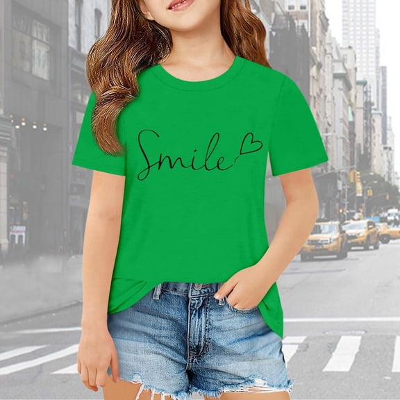BUWTTER Girls Tshirts Oversized Short Sleeved Top Casual Letter Print Summer Loose Fit Plus Size Basic Green Shirt Size 3-4 Y