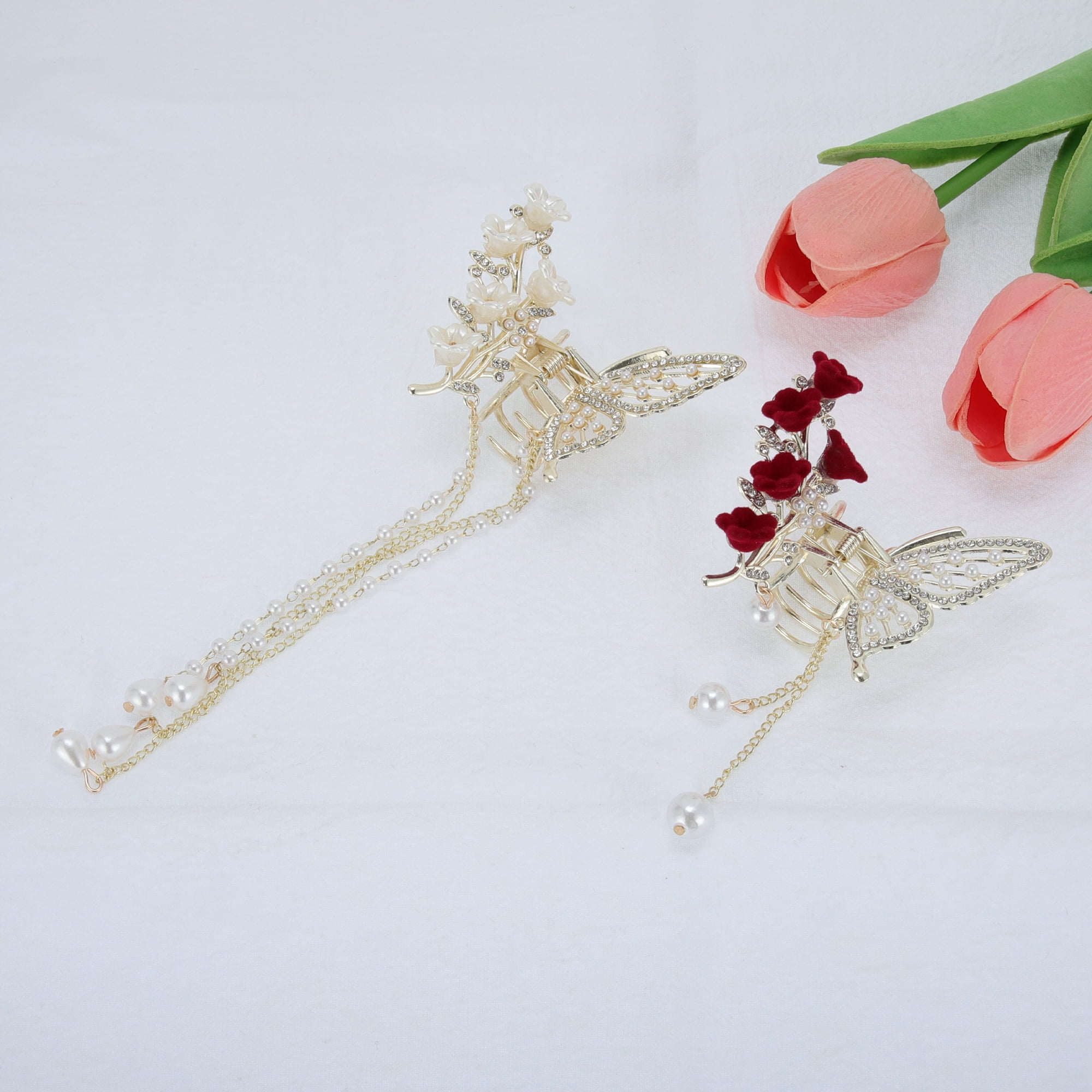 Unique Bargains 2Pcs Classic Flower Butterfly Tassel Hair Clips