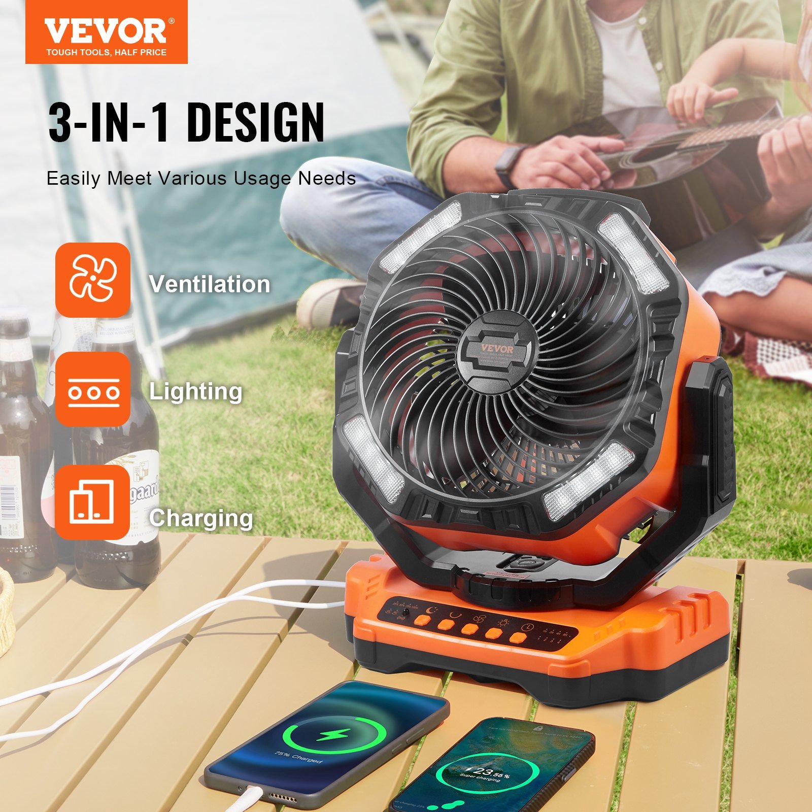 VEVOR Portable Fan Rechargeable 13 inch, Battery Powered Fan with LED Lantern, 4 Speeds Adjustable & 45/90Automatic Swivel & Timer , USB Battery Operated Fans for Travel Bedroom Home Camping Office