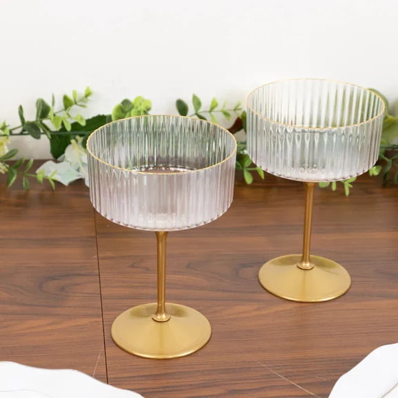 24 Ribbed Clear Gold 10 oz Premium Disposable Plastic Coupe Champagne Glasses with Detachable Stem