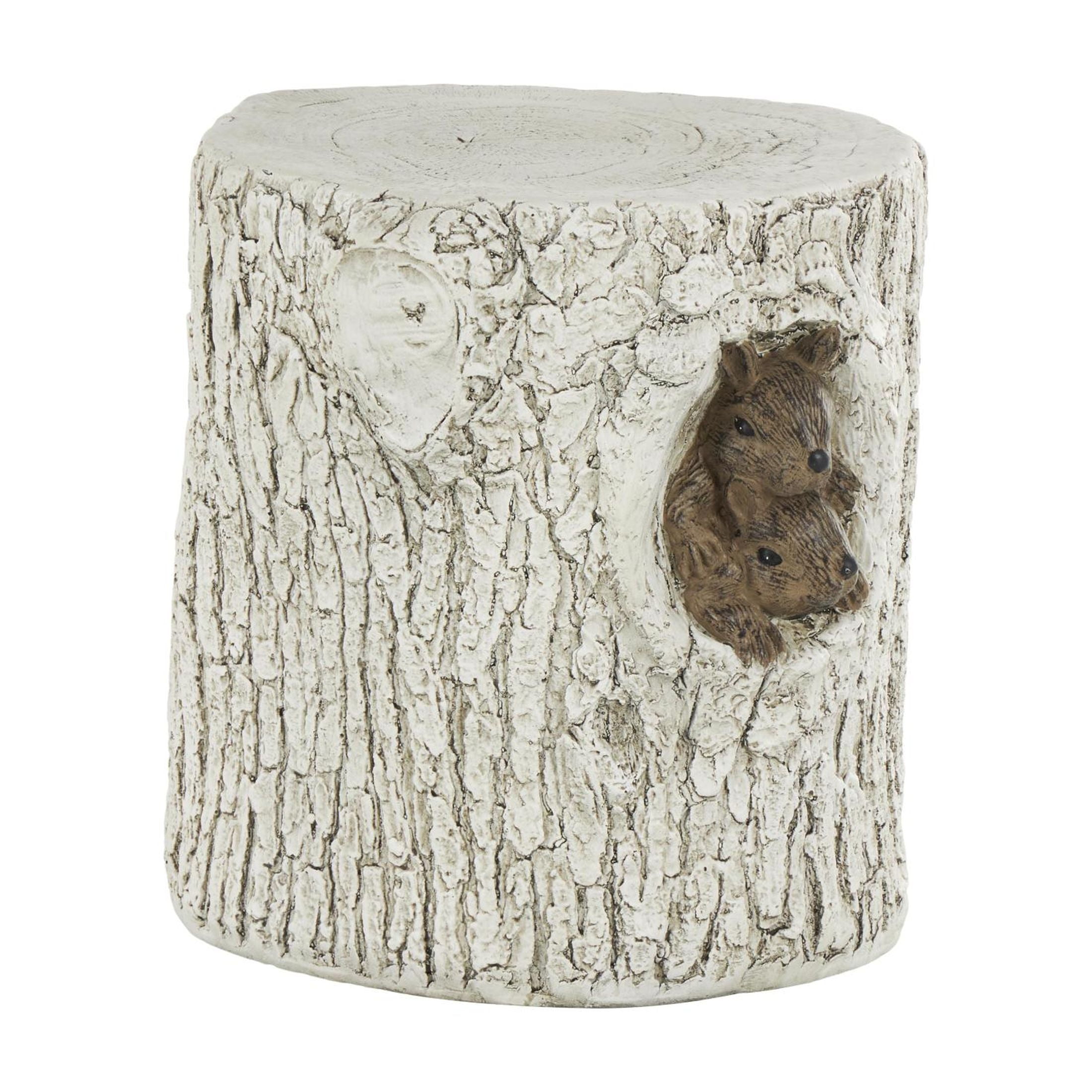 DecMode Magnesium Oxide Squirrel Tree Trunk Garden Stool with Brown Accents, White