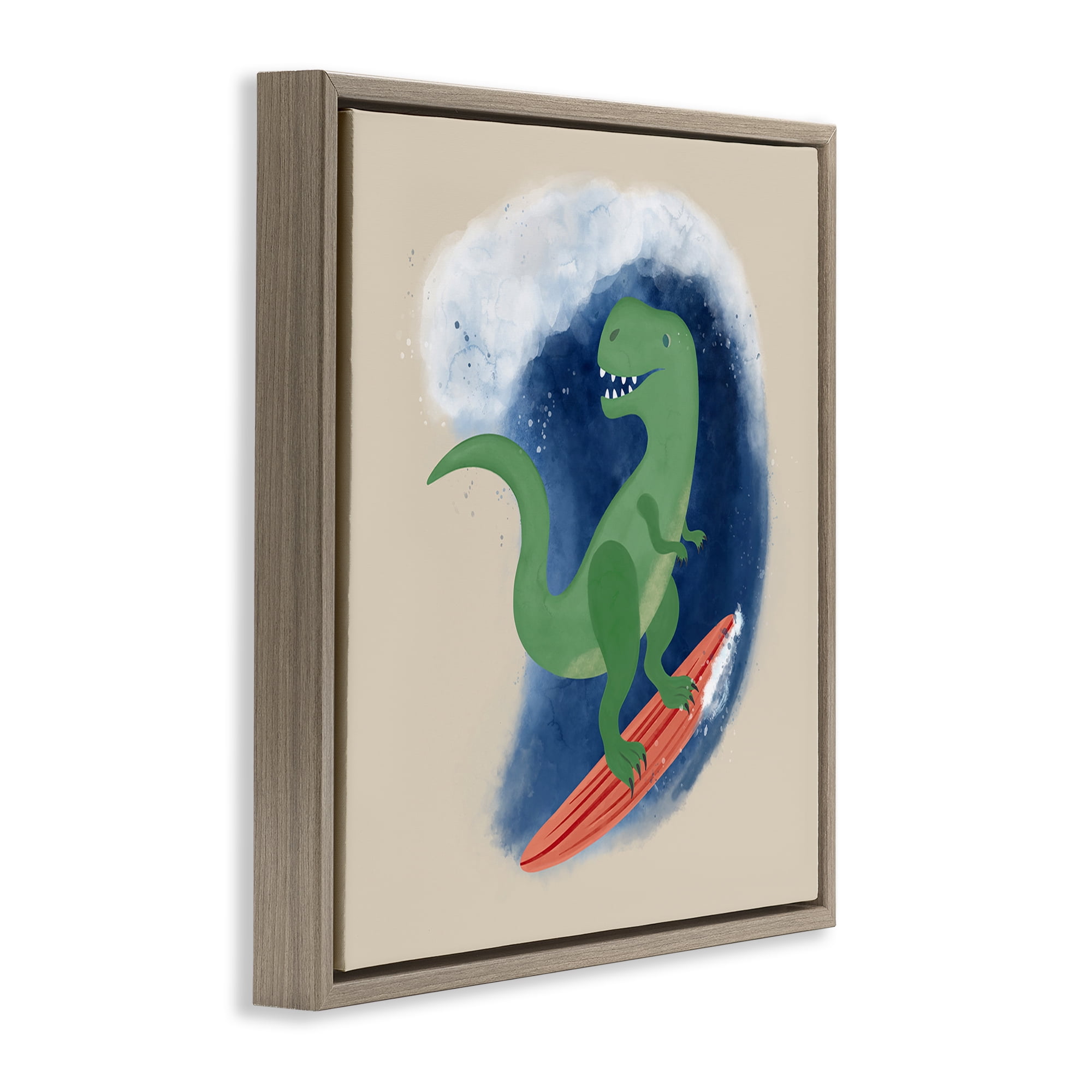 Stupell Industries Surfing Dino T-Rex Novelty & Humor Painting Brown Floater Framed Canvas Art Print Wall Art, 25 x 25