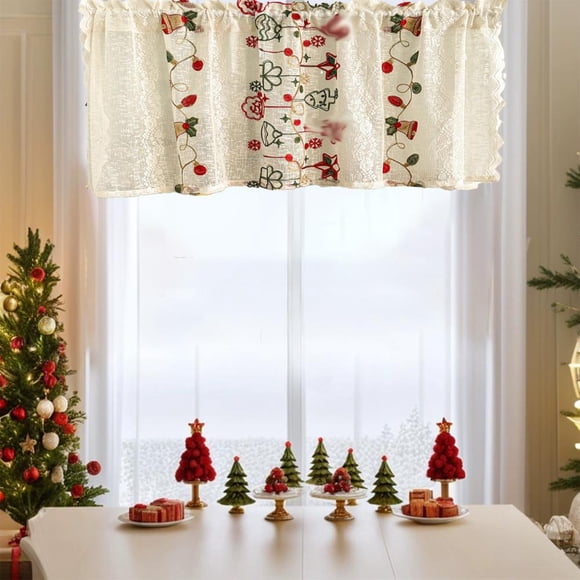 Feltree Rideaux Courts de Noël Brodés 55 x 18 Pouces, Décor de Noël en Polyester Style Ferme pour Fenêtres, Café, Décoration des Fêtes