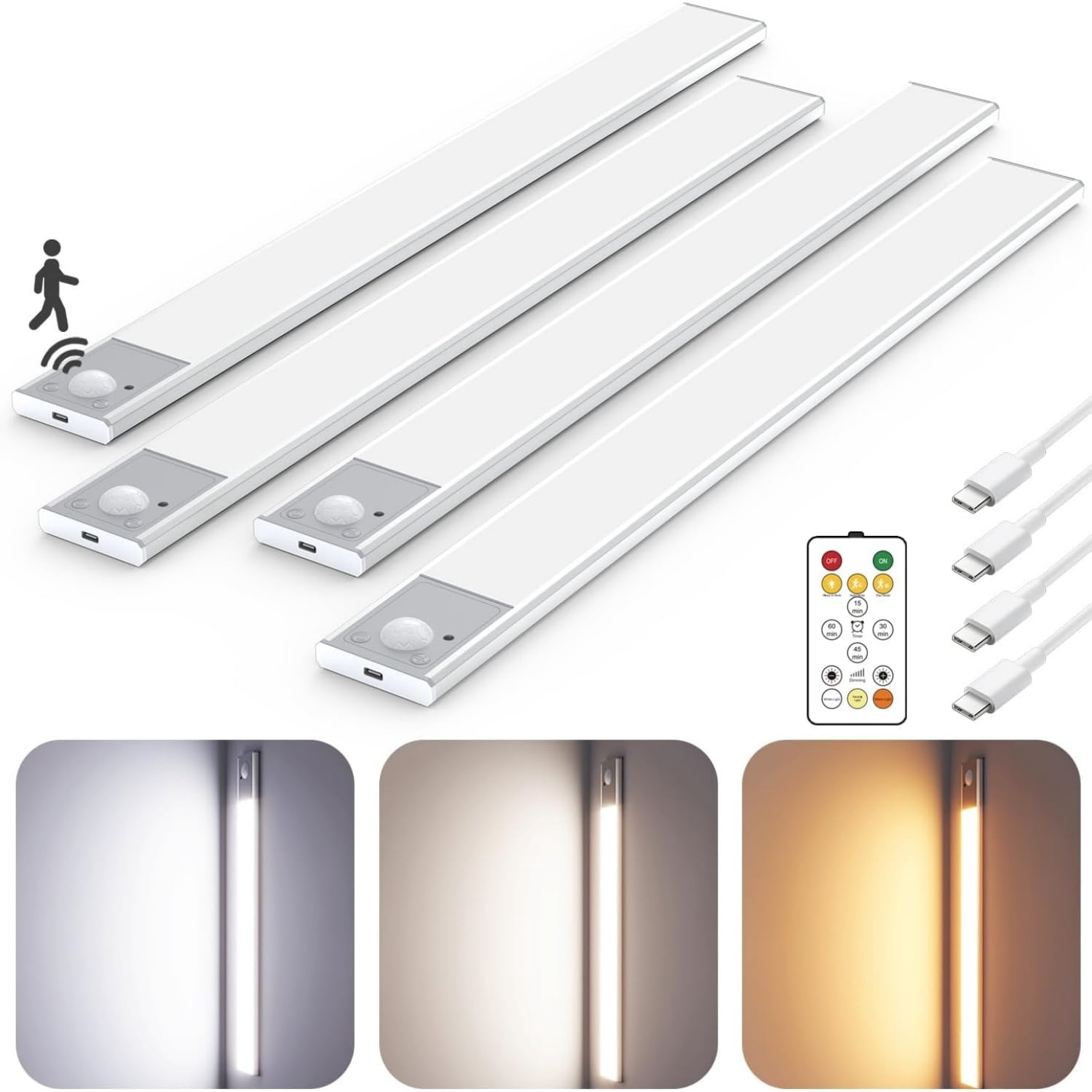 16" Ultra-Thin Under Cabinet Lighting Wireless, Aluminum Alloy Under Counter Lights for Kitchen, 3-Color-Temps Magnetic Closet Lights, Rechargeable Motion Sensor Light Indoor (4 Pack, Silver)