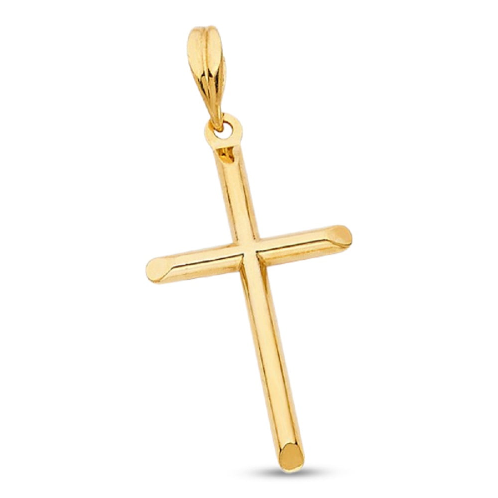 Classic Cross Charm Pendant Solid 14k White Gold Diamond Cut Religious Style Genuine 25 x 16 mm