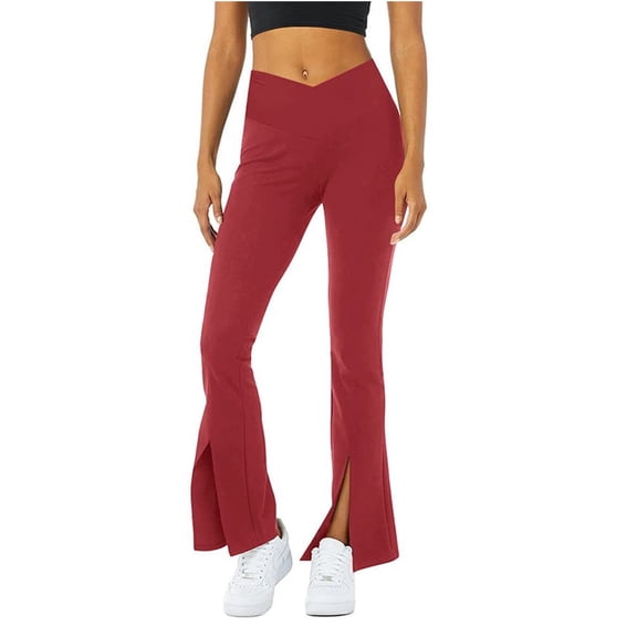 Langwyqu Solid Color Middle Waist Women Low Cut Casual Pants Split V Shape Flare Leg Long Trousers