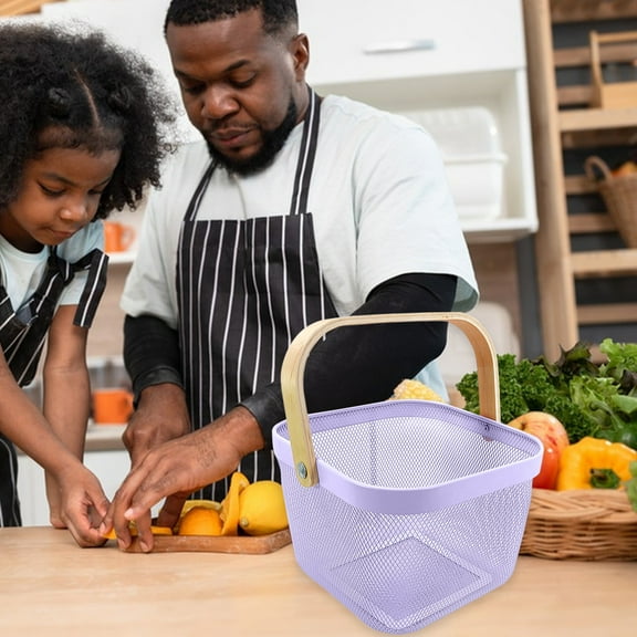 Summercome Metal Mesh Steel Basket, Storage Organizer Basket, Multi-functional Hanging Kitchen Baskets, Fruit Basket Bin with Bamboo Handle, Ideal for Kitchen Bathroom Picnic Shopping Home, Purple