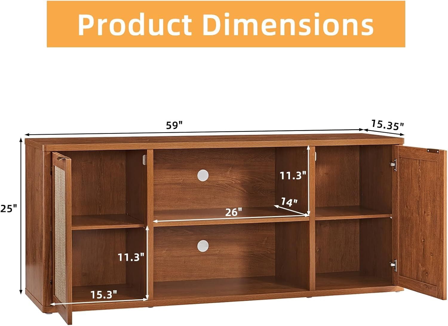 LEYAOYAO Boho Rattan TV Stand, Tea Brown Media Console with Open Shelf & Storage, Fits 50-65 Inch TV, Rustic Entertainment Center