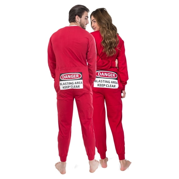 Big Feet Pajama Company Red Union Suit Sleeper Pajamas – Funny Rear Flap “DANGER BLASTING AREA”, Unisex, 100% Cotton, Snap Closure, Sizes XS-XXL