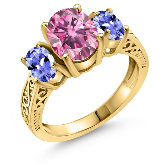 Gem Stone King 18K Yellow Gold Plated Silver 3-Stone Ring Oval Pink Moissanite and Tanzanite Blue (2.90 Cttw, Size 9)