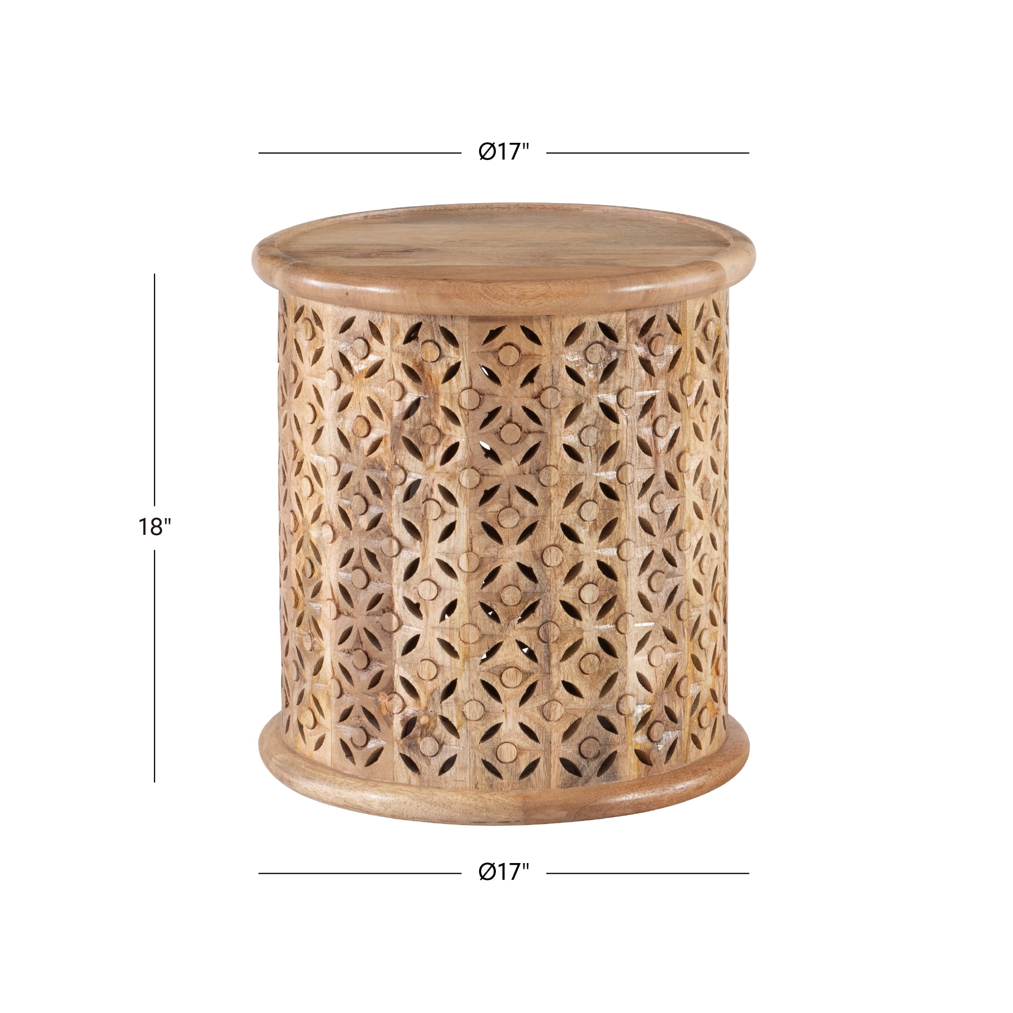 Powell Kacey Carved Wood Round Indoor End Table, 18" Tall, Natural