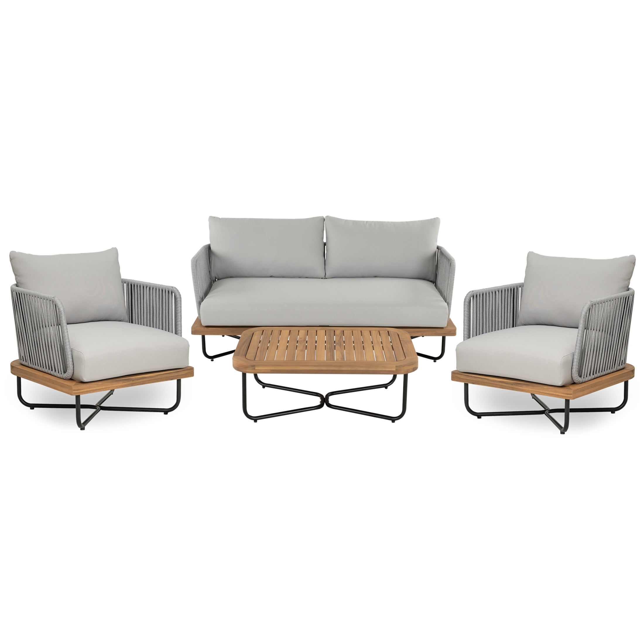 Christopher Knight Home 4-Piece Rope Woven Outdoor Conversation Set with Wood and Iron Frame, Grey Cushions