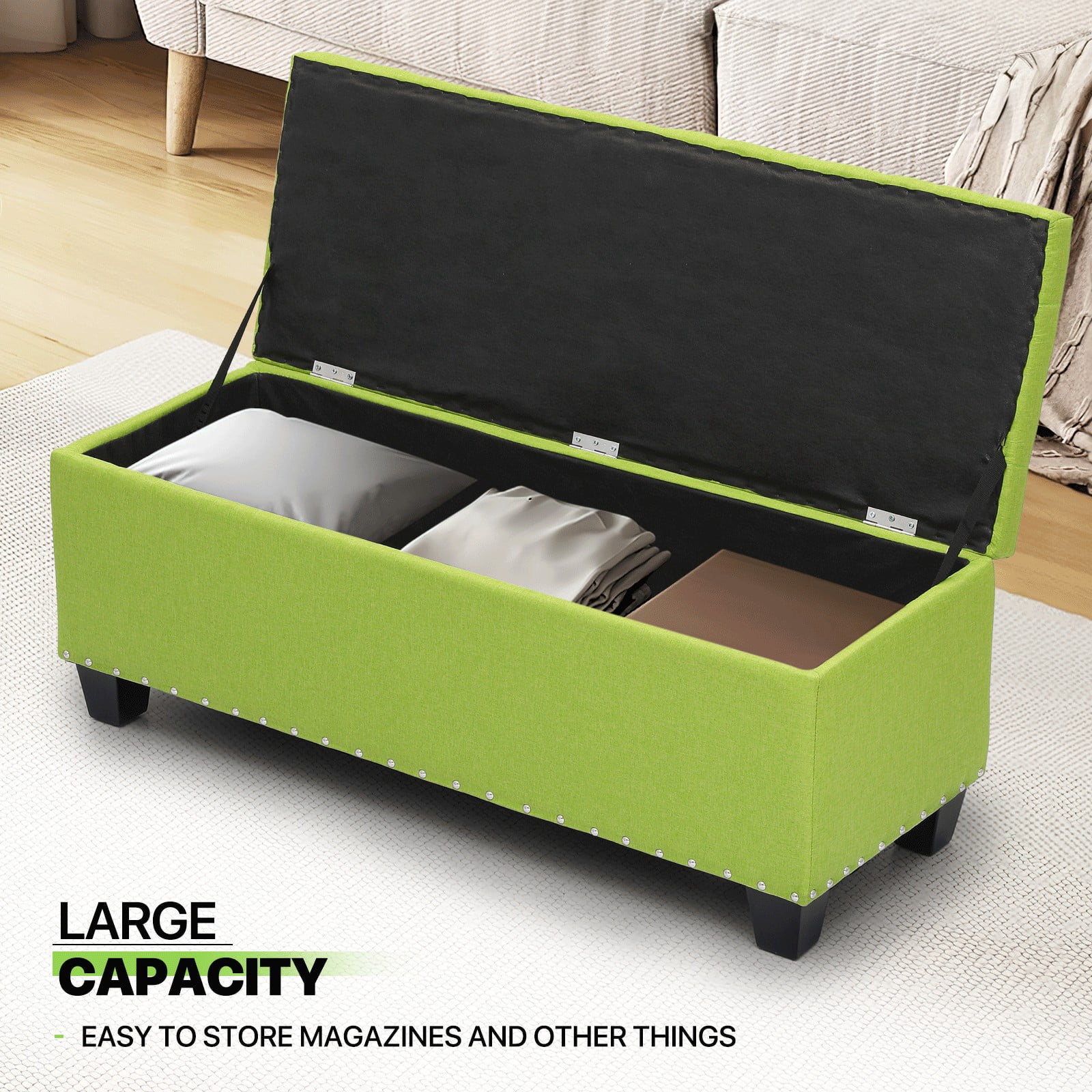 OSM 42 Inch Long Storage Ottoman Bench, Linen Foot Stool Upholstered Foam Padded Rectangular Fabric Tufted Bench Footrest for Living Room Bedroom Entryway with 660 Lbs Capacity, Green