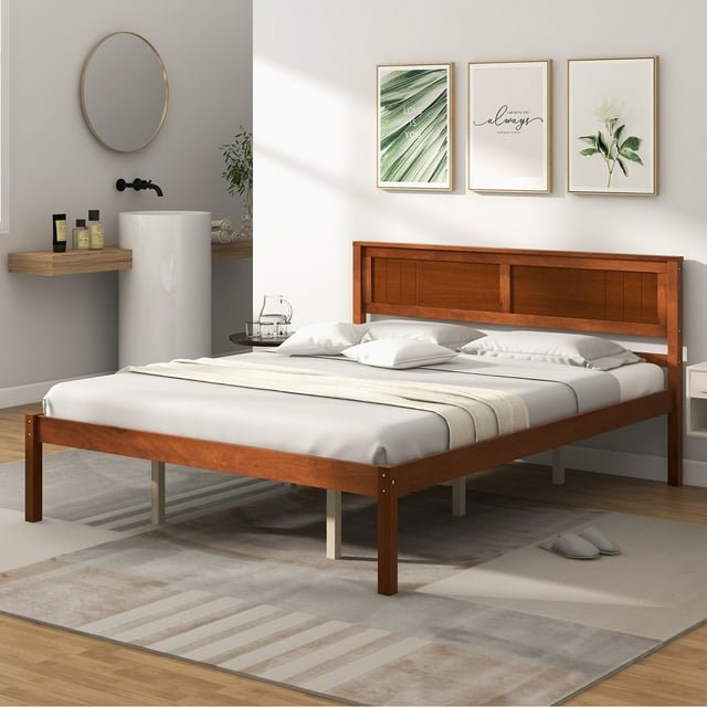 Costway Lit Plateforme en Bois Format Grand avec Tête de Lit Base de Matelas Noyer