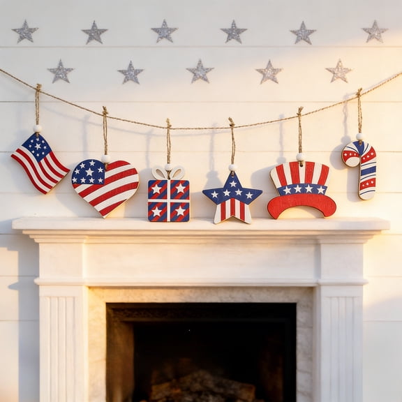 erdimoy 2.75 Inch Patriotic Wooden Ornaments Set, 6PCS American Flag & Stars Hanging Decorations for 4th of July Independence Day