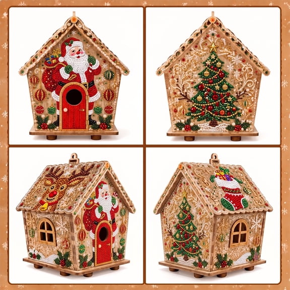 Lypsnake DIY Christmas Pearl Painting Wooden House Kit,3D Bead Art House Ornaments, Handcraft Hanging Holiday House Decor for Xmas Tree Home Display