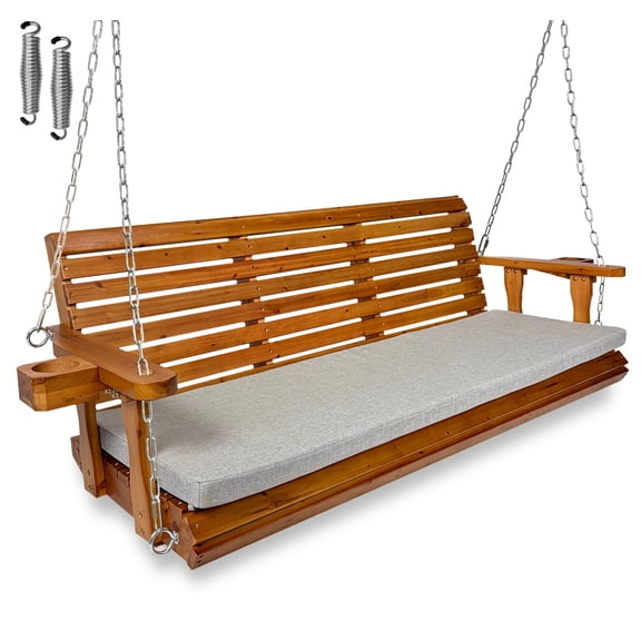 Innovaze 5.5 Ft Wooden Porch Swing with Seat Cushion, Cup Holders, Hanging Chains and 7mm Springs, Heavy Duty 880 LBS (Teak Tone, 3-Seater )
