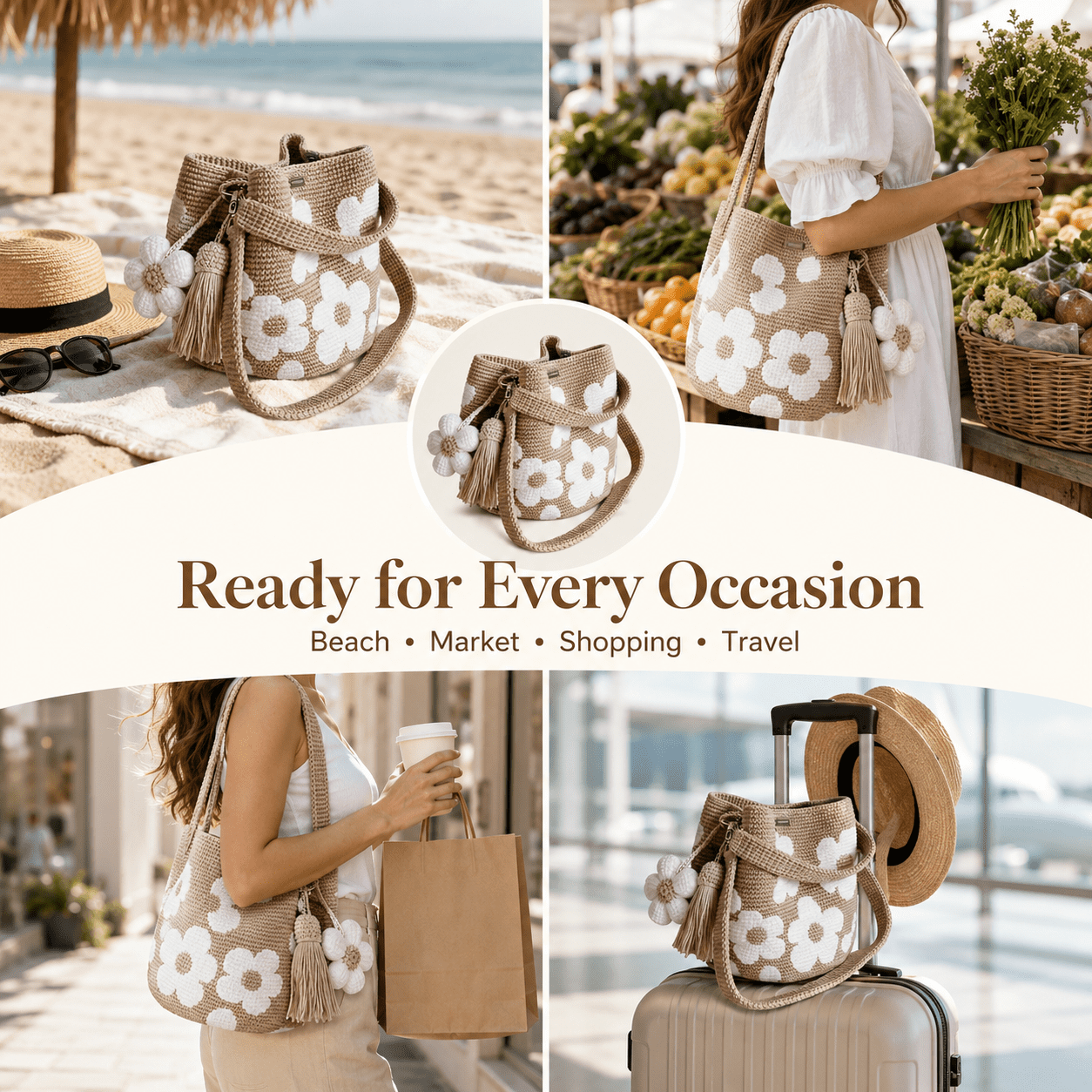 Handmade Crochet Flower Tote Bag, Premium Cotton Knit Floral Purse, Boho Beach Vacation Shoulder Bag