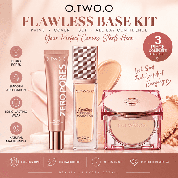 O.TWO.O Flawless Matte Base Kit, 3 Piece Makeup Set with Primer, Liquid Foundation & Pressed Powder for Smooth Complexion