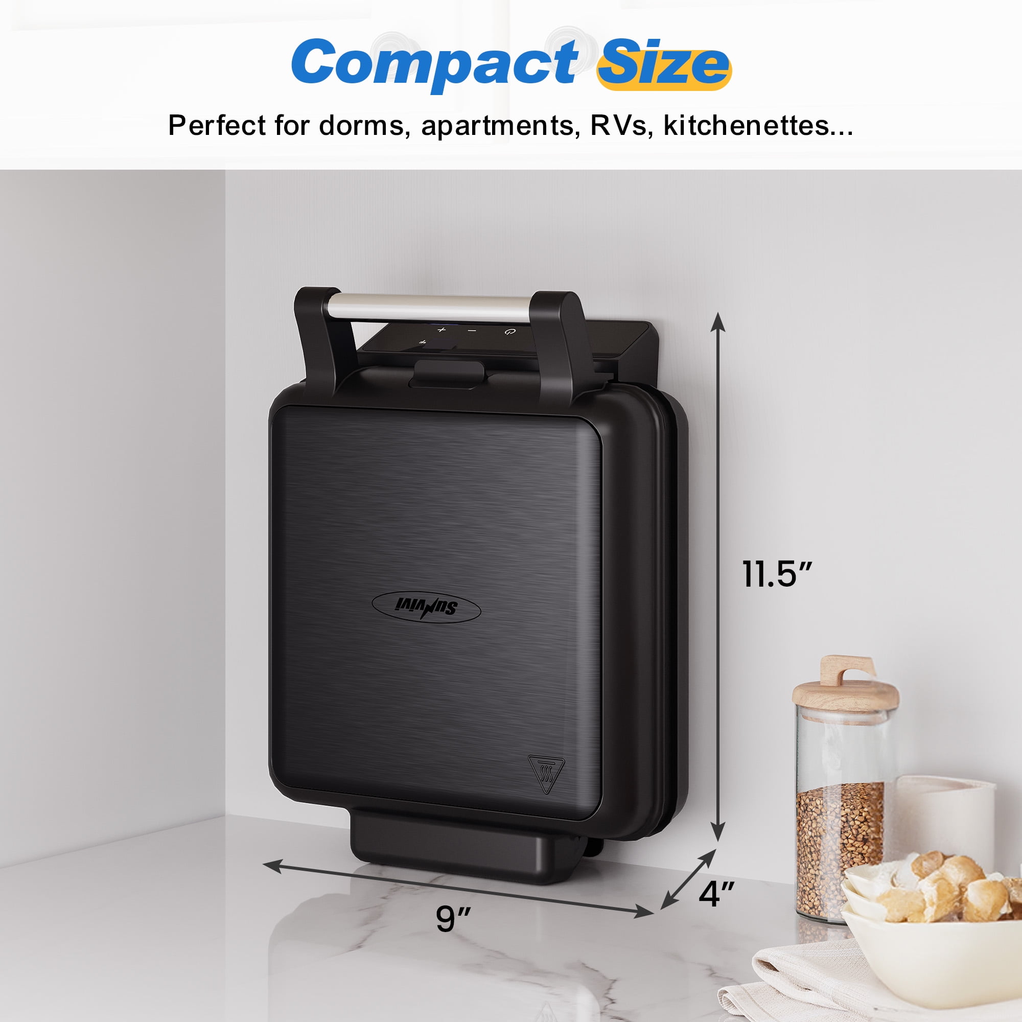 Sunvivi 4-Slice Belgian Waffle Maker, 1200W Waffle Iron with LCD Timer, Temp Control & Nonstick Plates, Stainless Steel, Black