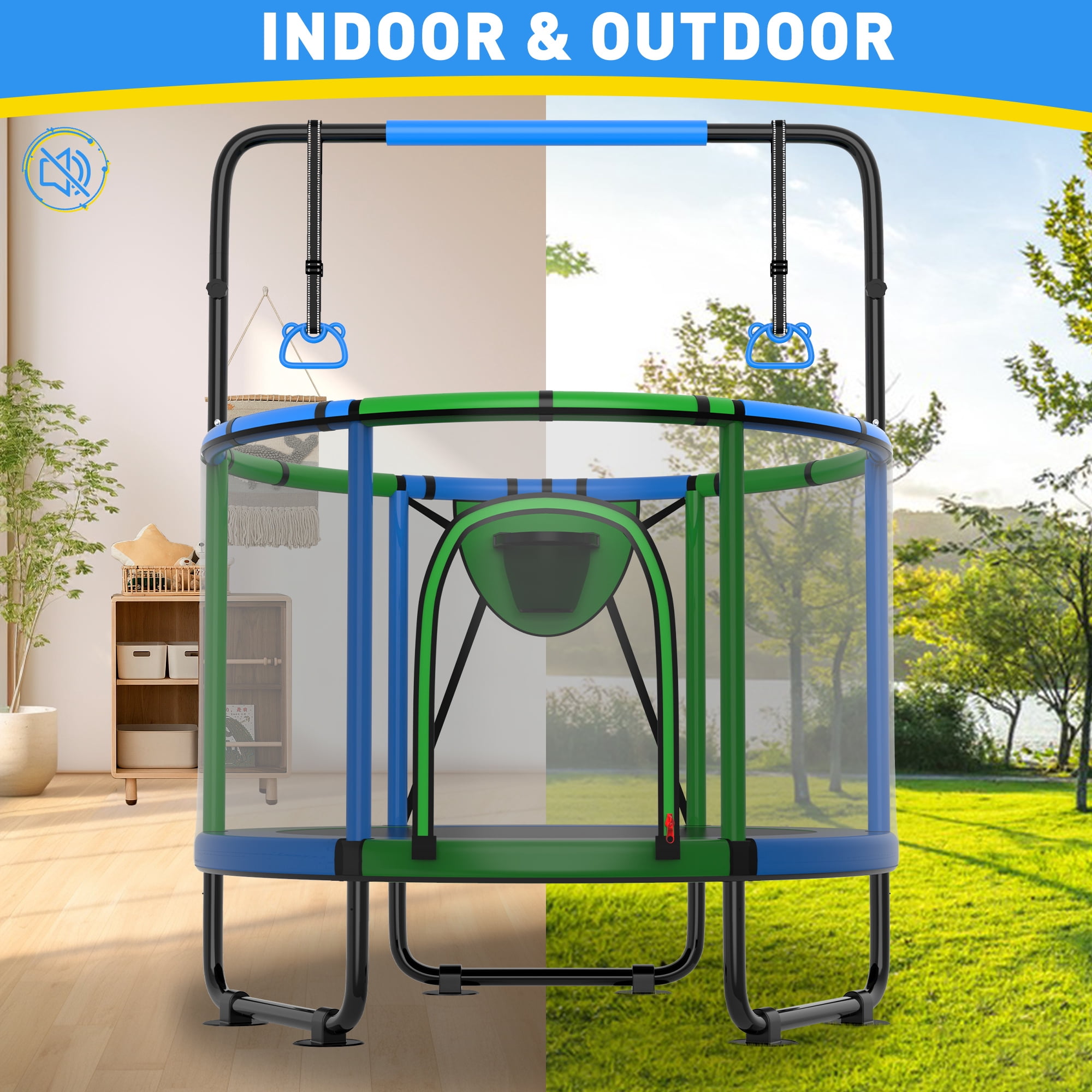 CITYLE Trampoline for Kids 600LBS 60'' 5FT Toddler Trampoline Indoor Outdoor with Basketball Hoop, Swing, Adjustable Bar, Mini Small Trampoline with Enclosure, Gifts for Toddlers, Boys & Girls