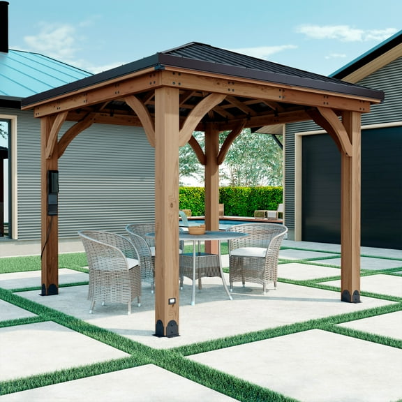 Backyard Discovery Barrington 10' x 10' Cedar Wood Gazebo, Galvanized Steel Roof, PowerPort