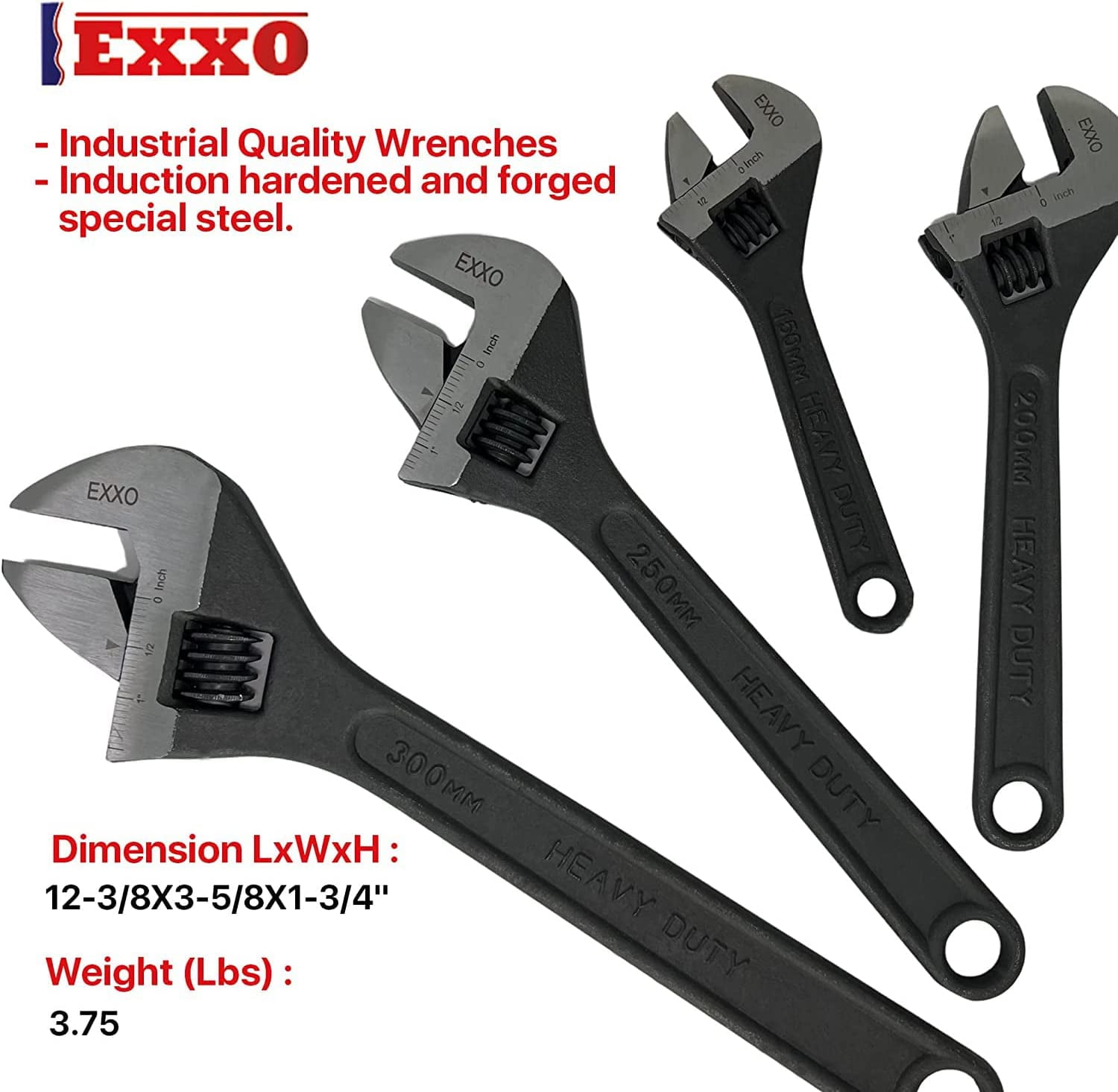 EXXO Tools - Standard Crescent Tool 4 Piece Set Includes 6, 8,10,12 inch Adjustable Steel Wrenches