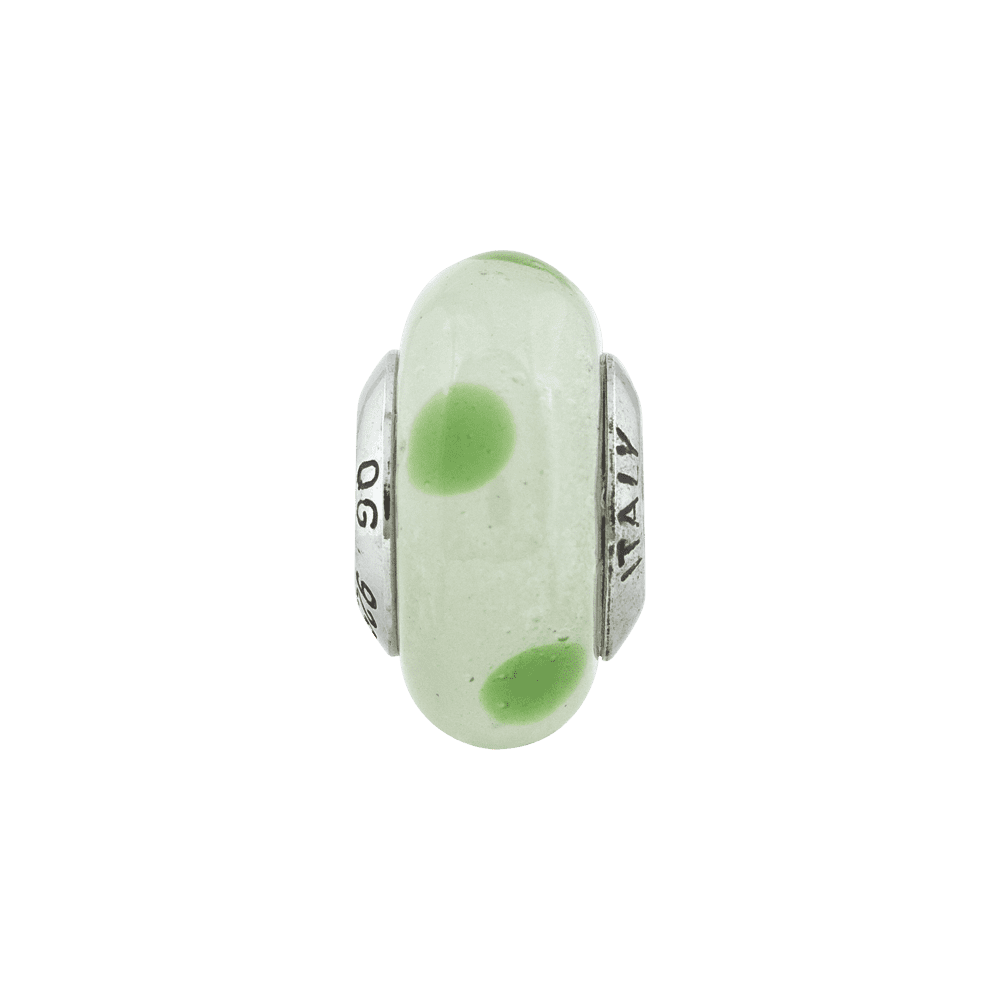 Fancy Bead White Sterling Silver Glass 12.73 mm 7.27 Reflections Lt Green Withgreen Dots Italian Murano Bead