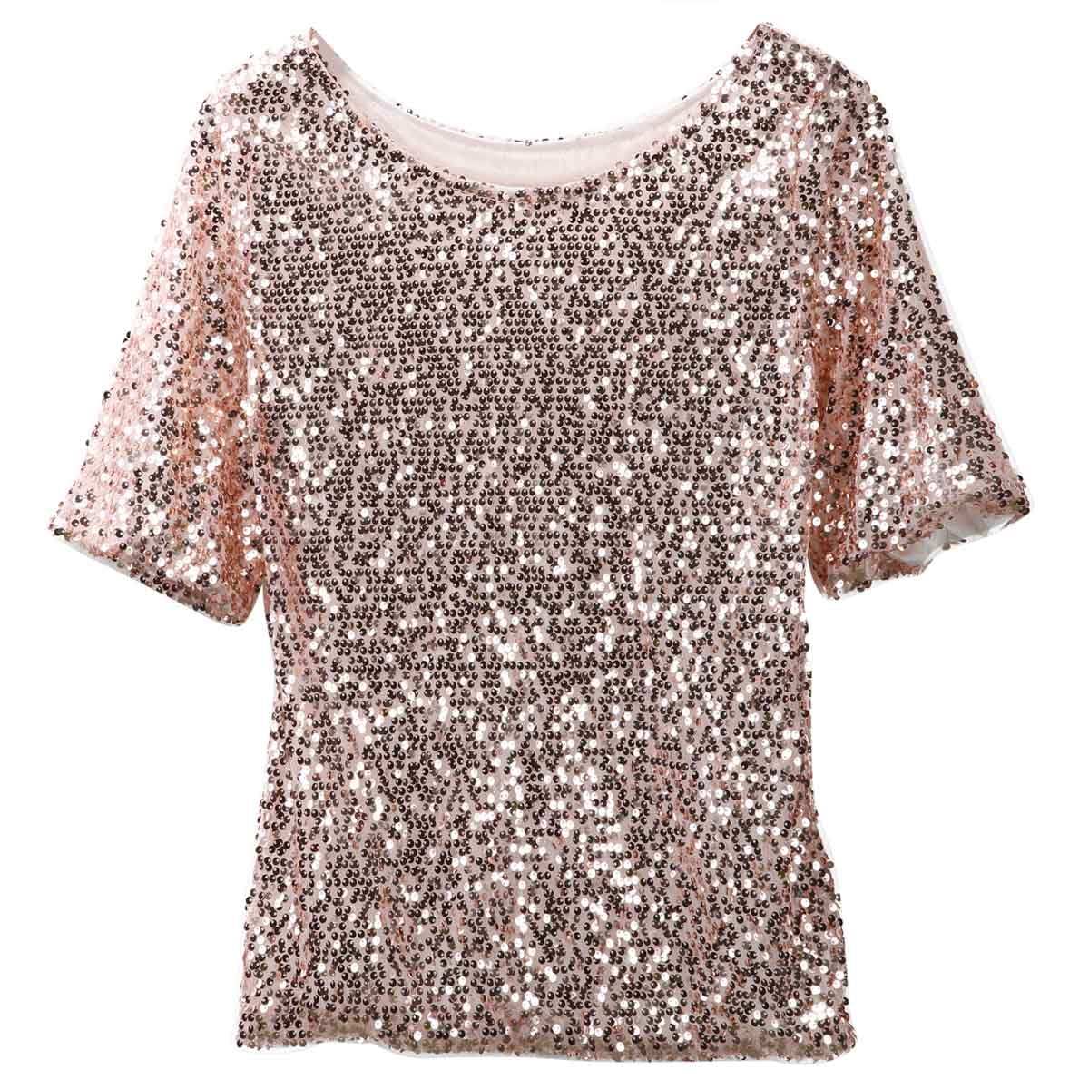 Women Sparkly Sequined Summer Short Sleeve Top Tee Shirt Blouse Clubwear T-shirt