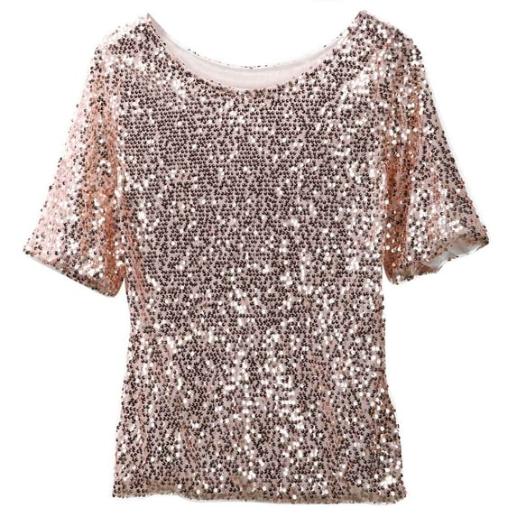 Franhais Lady Sloping Shoulder Glistening Sequin Slim 1/2 Sleeve T-Shirt Blouse Party Glitter Top Women's Shirt