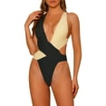 thumbnail image 1 of INSPIRAR CHIC Traje de baño de una pieza para mujer, bañador con contraste de color, escote en V profundo, espalda cruzada, monokini pequeño negro y beige, 1 of 5