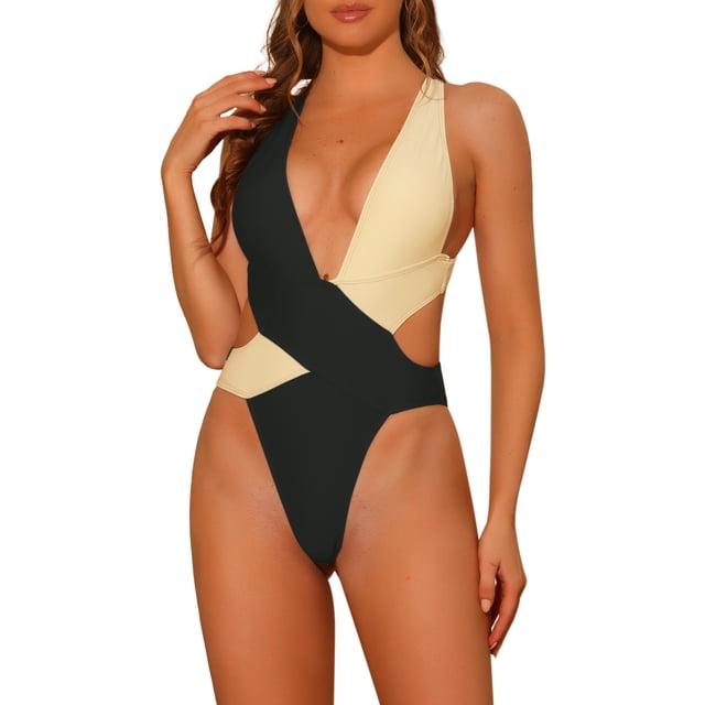 INSPIRAR CHIC Traje de baño de una pieza para mujer, bañador con contraste de color, escote en V profundo, espalda cruzada, monokini pequeño negro y beige