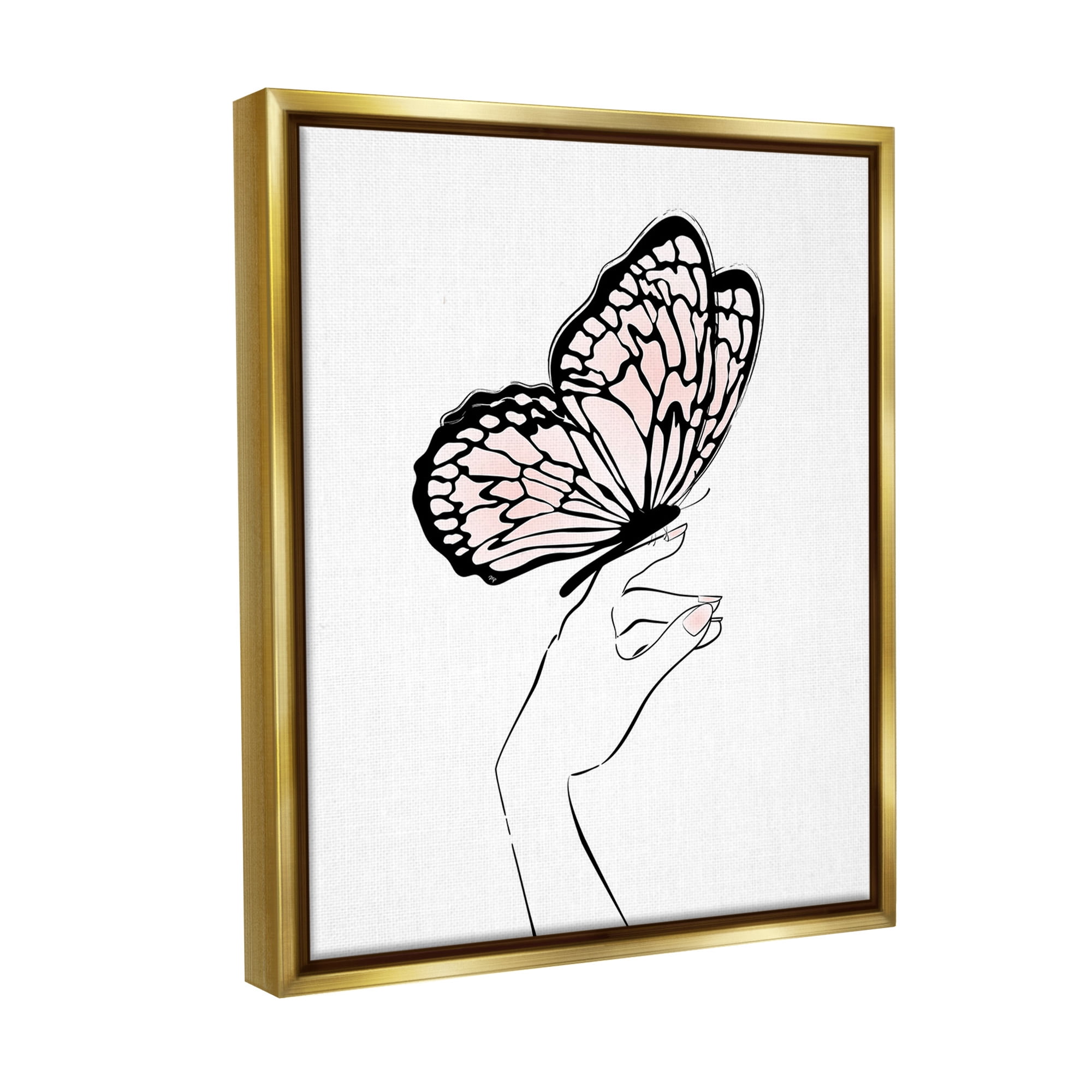 Stupell Industries Minimal Hand & Butterfly Animals & Insects Painting Gold Floater Framed Canvas Art Print Wall Art, 25 x 31