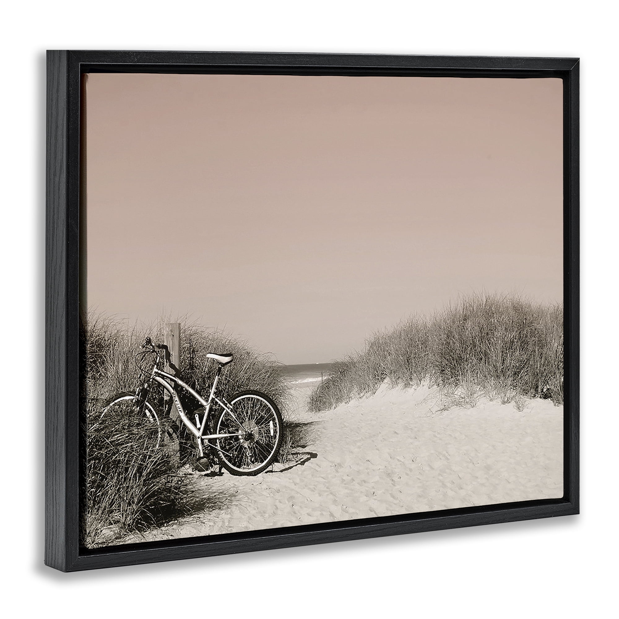 Stupell Industries Bicycle Ride Paused Nautical & Beach Photography Black Floater Framed Canvas Art Print Wall Art, 31 x 25