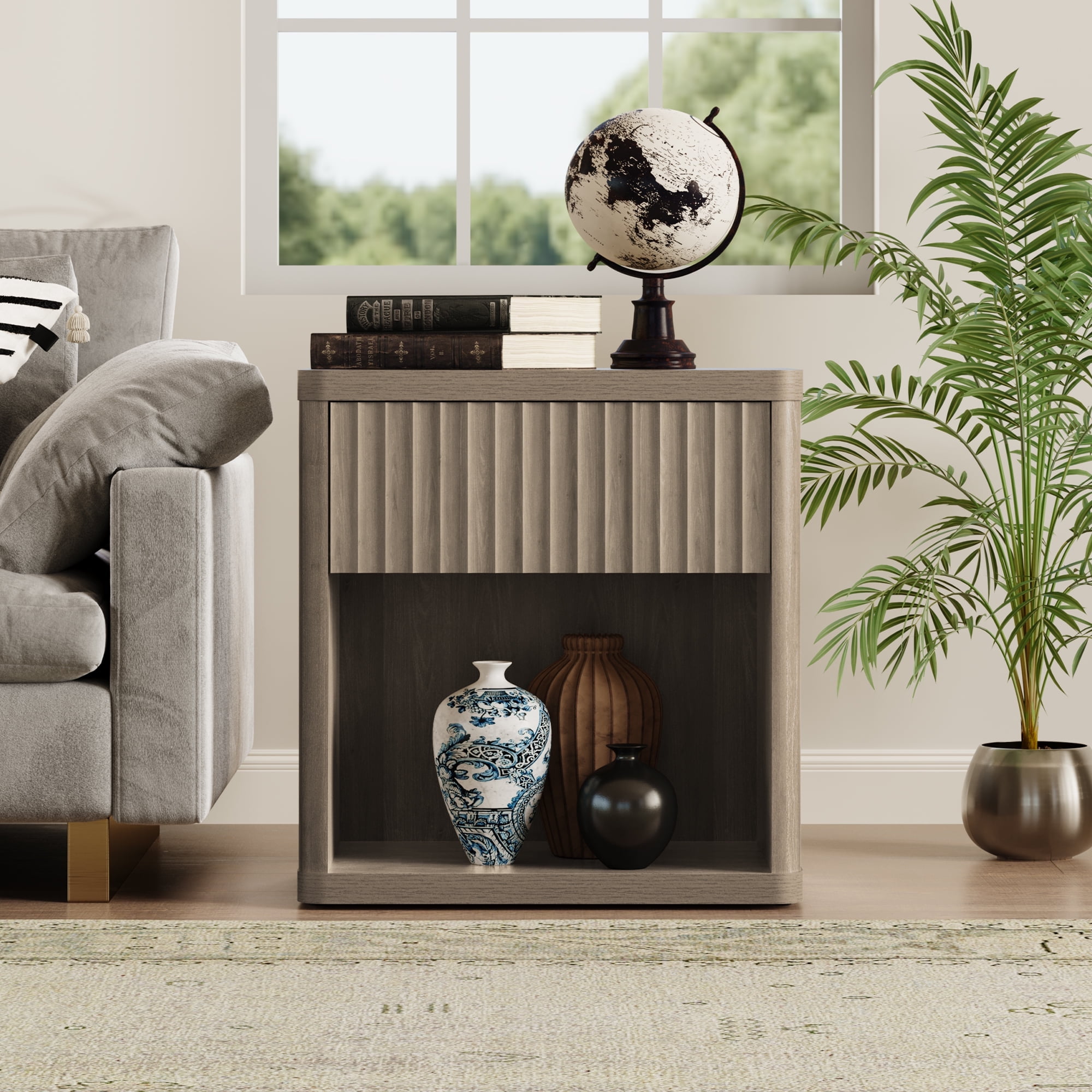SICOTAS Fluted Nightstands for Bedroom, Farmhouse Bedside Tables with Drawer & Open Shelf,  Wood End Table for Living Room in Grey
