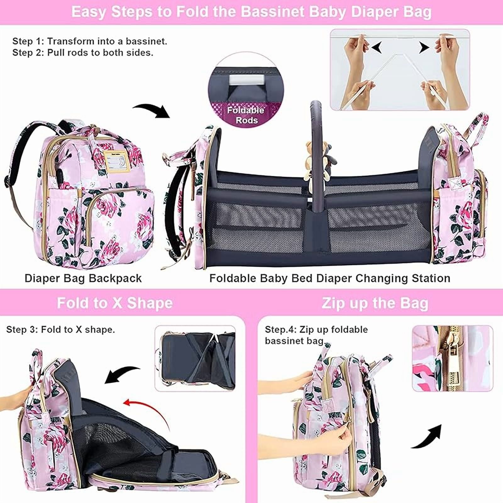 Diaper Bag Backpack with Changing Station, Foldable for Bady Toddler, 3 in 1 Large Capacity Newborn Essentials Organizer with Stroller Hook for Girls and Boys