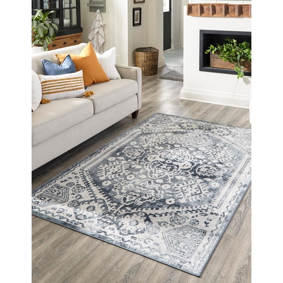 8' x 10' Blue and Ivory Border Rectangular Area Throw Rug